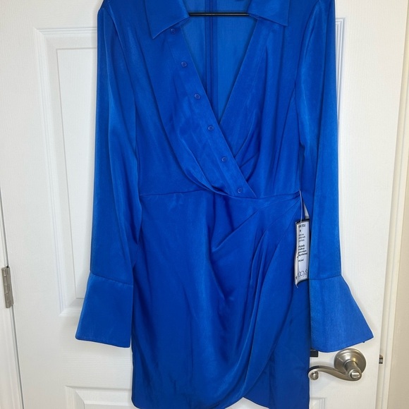 ADRIANNA PAPELL faux SATIN WRAP DRESS WITH LONG SLEEVES dark blue size 8 NWT - Picture 3 of 16